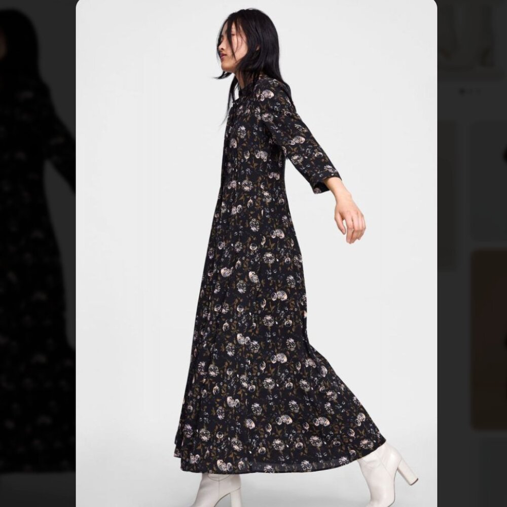 Zara Floral Printed Long Sleeve Maxi Dress